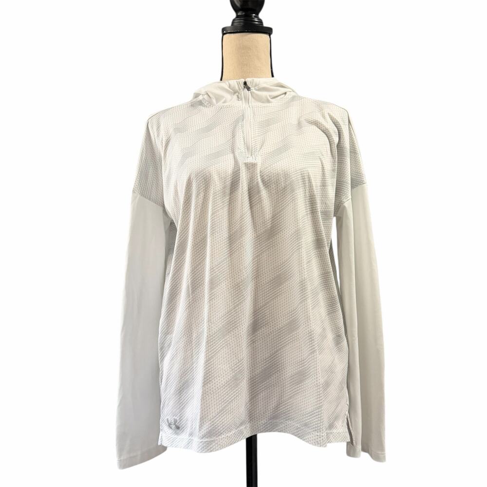 Under Armour Women's White Gray Loose Heatgear Hooded 1/4 Zip Longsleeve Sz L